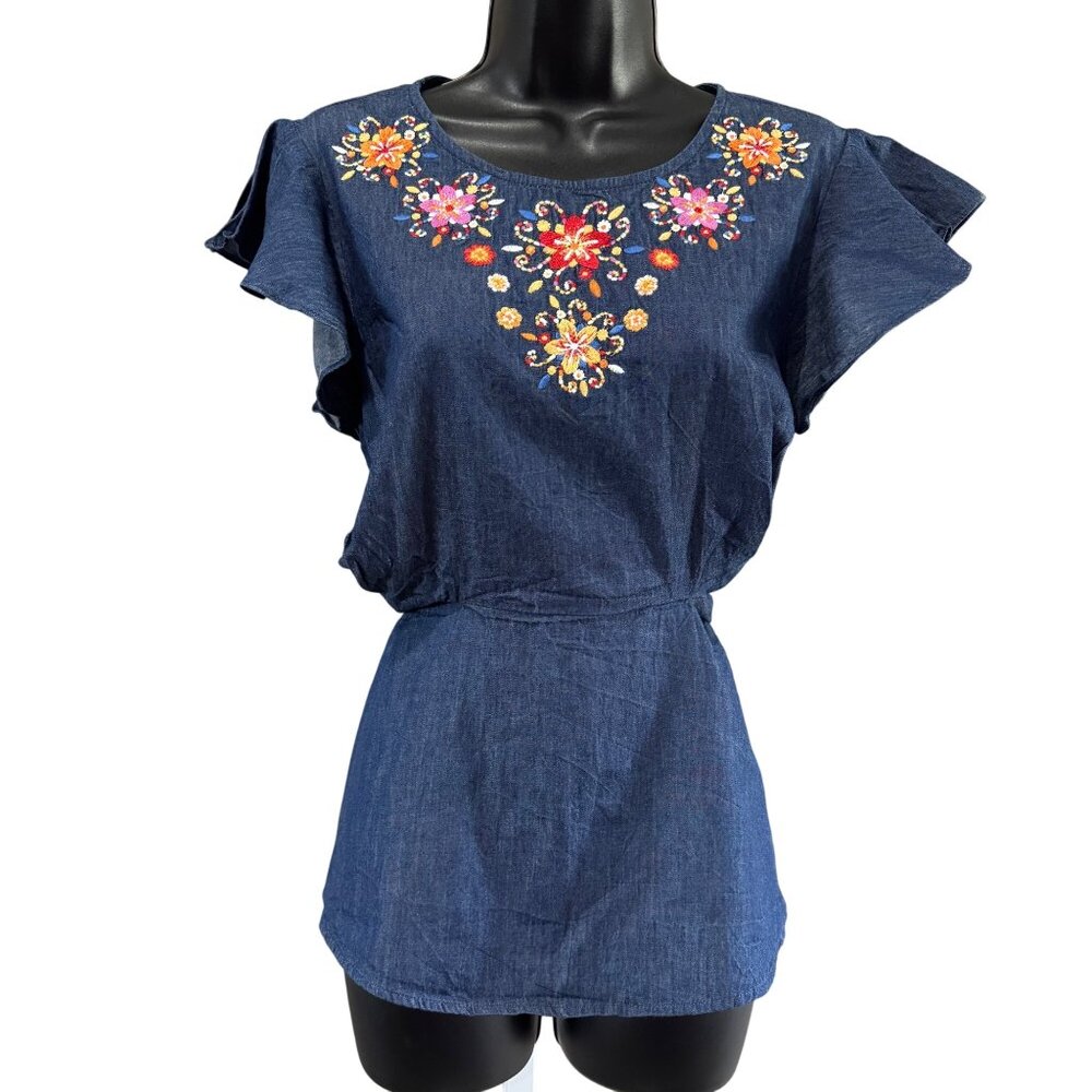 Savanna Jane Top L Embroidered Denim Tunic Tie Back Flutter Sleeve